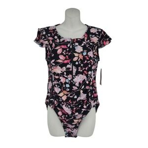 Meet Curve One Piece Swimsuit Women XL Black Pink Floral Flutter Sleeve Zip NWT